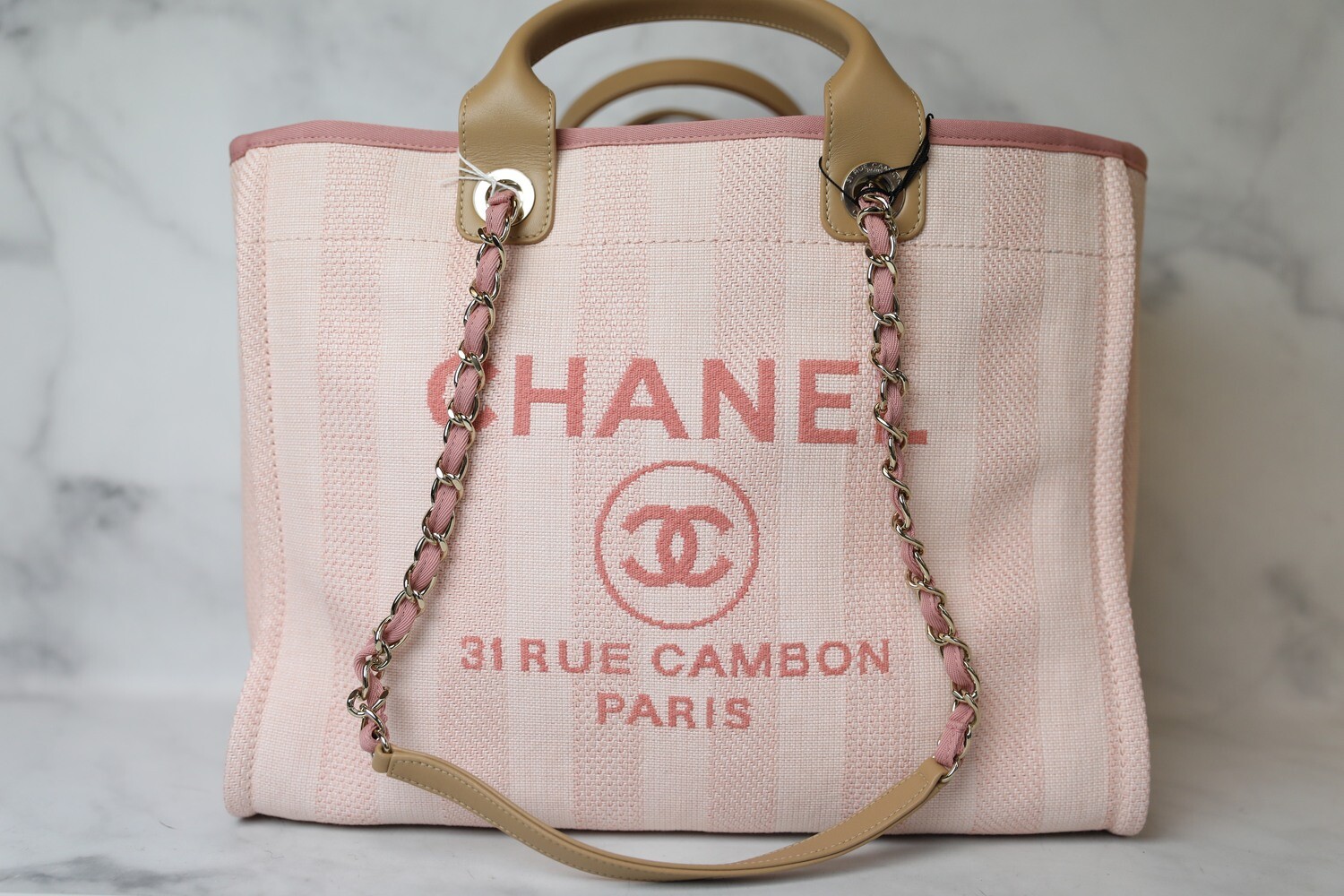 Chanel Deauville Large Pink Stripe New in Box, Full Set