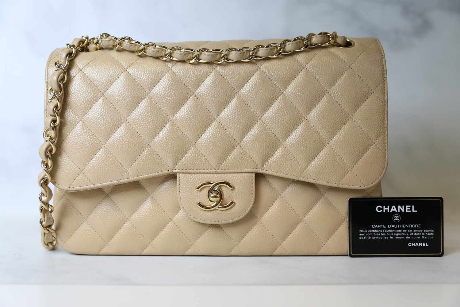 Chanel Classic Jumbo Double Flap Pearly Beige Caviar Leather with Gold Hardware, Preowned Full Set