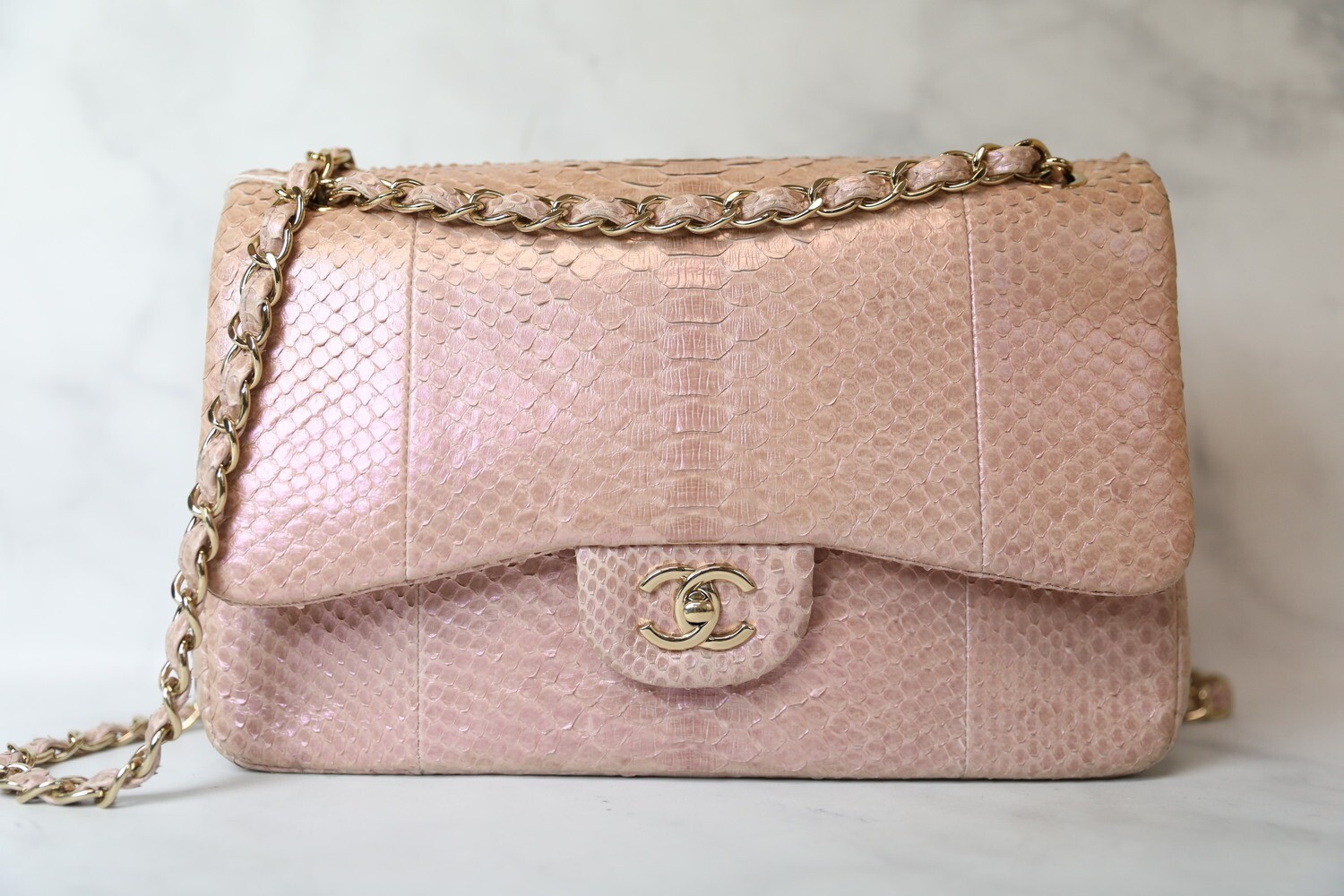 Chanel Classic Jumbo Exotic Python Metallic Rose with Gold Hardware,  Pre-Owned In Black Dustbag - Julia Rose Boston