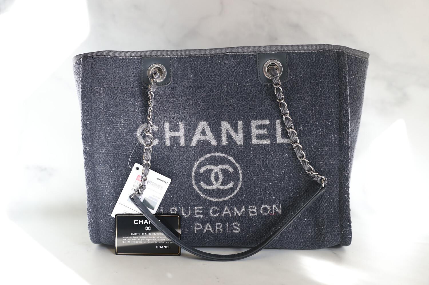 Chanel Deauville Medium Tweed Navy with Silver Hardware, New with card and dustbag