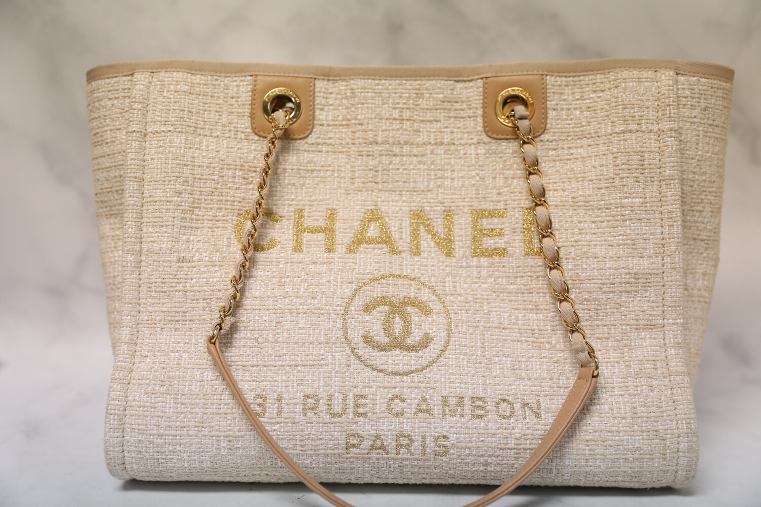 Chanel Deauville Small Tweed Beige with Gold Hardware, Preowned in Dustbag