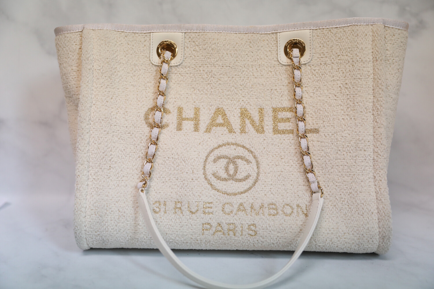 Chanel Deauville Small White with gold sparkle and hardware, pre-owned with dustbag and card