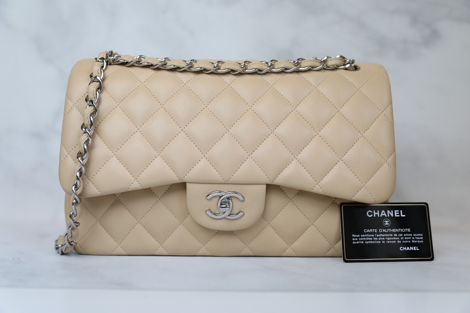 Chanel Classic Jumbo Double Flap Beige Lambskin Leather with Silver Hardware - No Dustbag