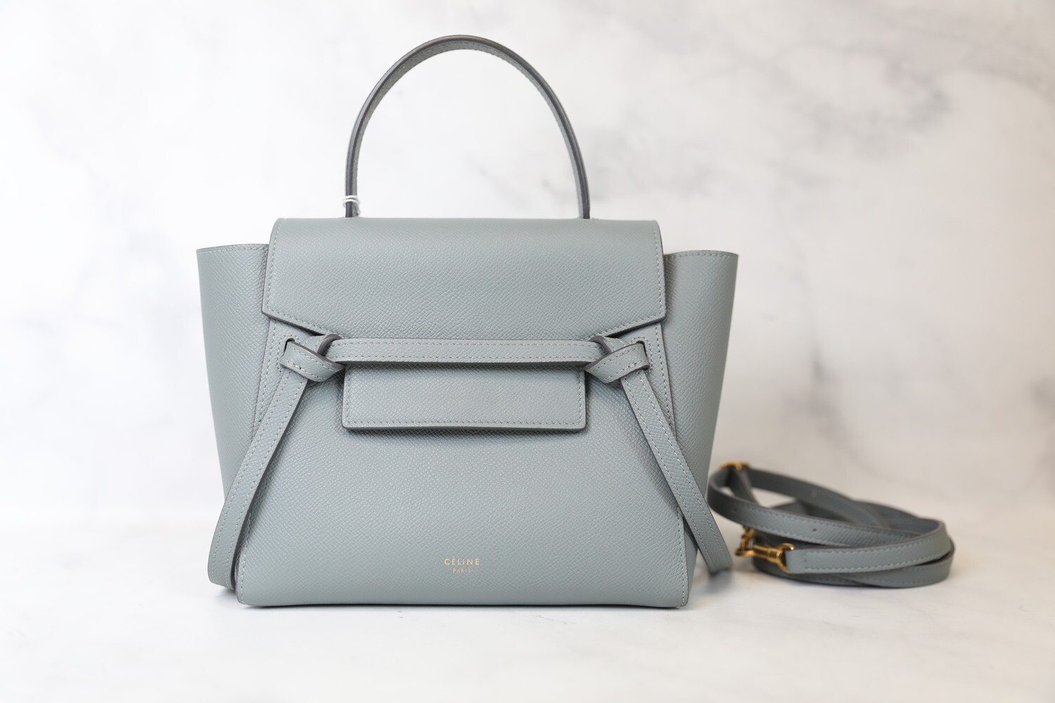 Celine Belt Bag, Nano, Teal Blue with Aged Gold hardware, Preowned in Dustbag