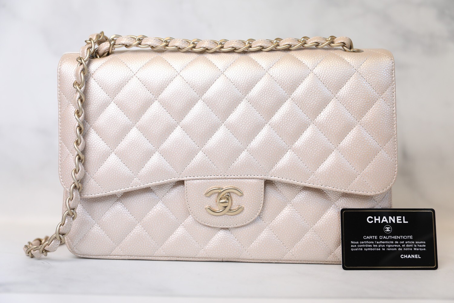 Chanel Classic Jumbo Double Flap pearly beige with card, Box dustbag