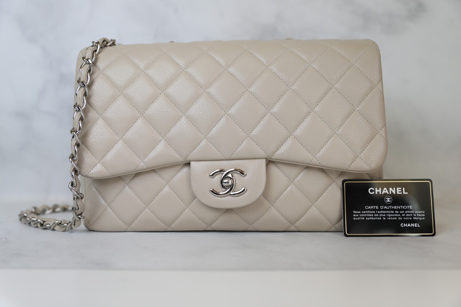 Chanel Classic Jumbo Single Flap Stone Beige with Silver Hardware, preowned in dustbag