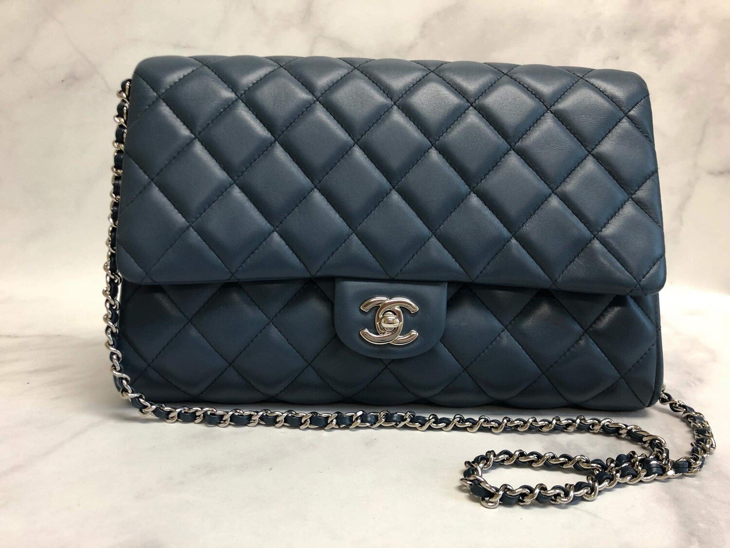 Chanel Clutch On Chain Blue Lambskin Leather Silver Hardware