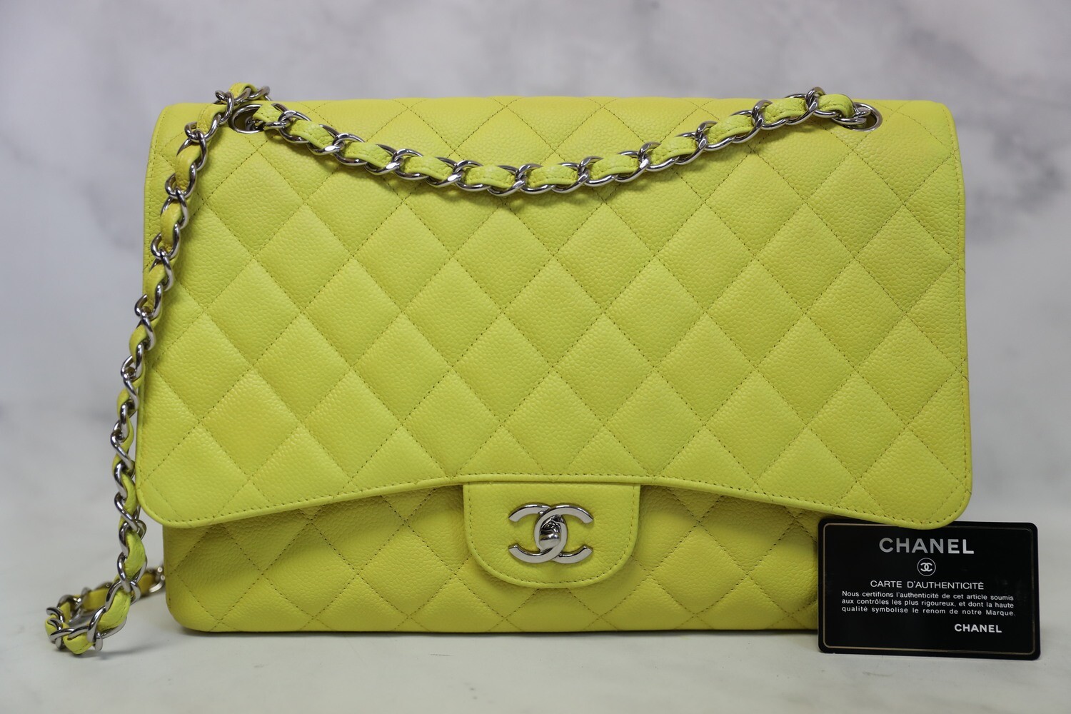 Chanel Classic Maxi Single Flap Neon Yellow with Silver Hardware in Dustbag