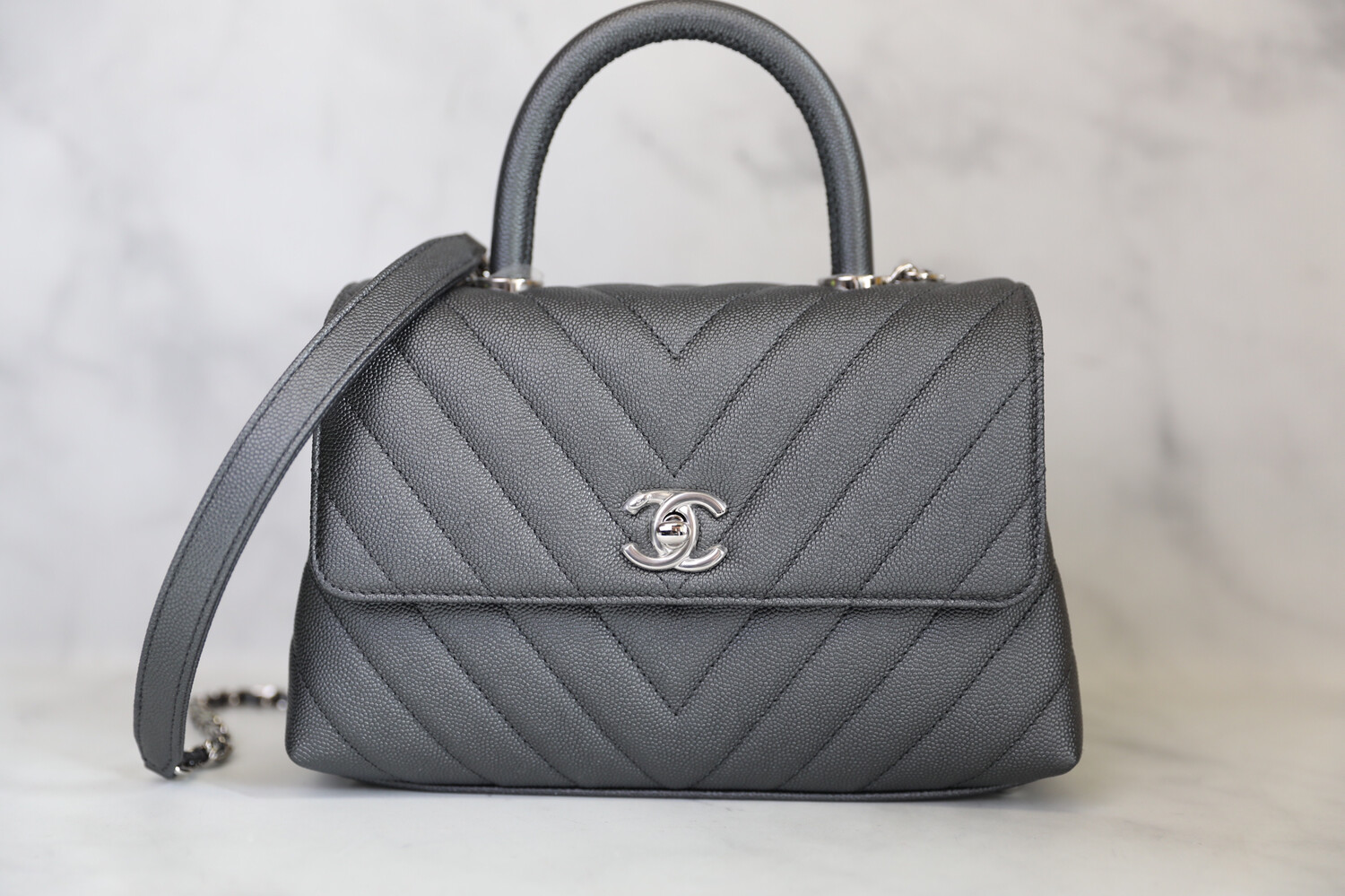 Chanel Coco Handle Mini Iridescent Grey With Silver Hardware, New Full Set