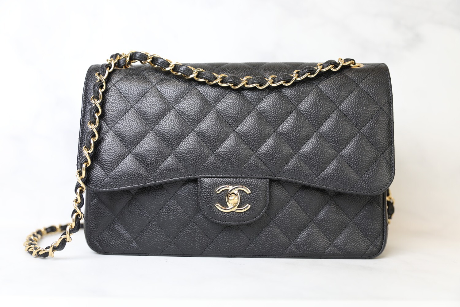 Chanel Classic Jumbo Double Flap Black Caviar Leather Gold Hardware, preowned with card in dustbag