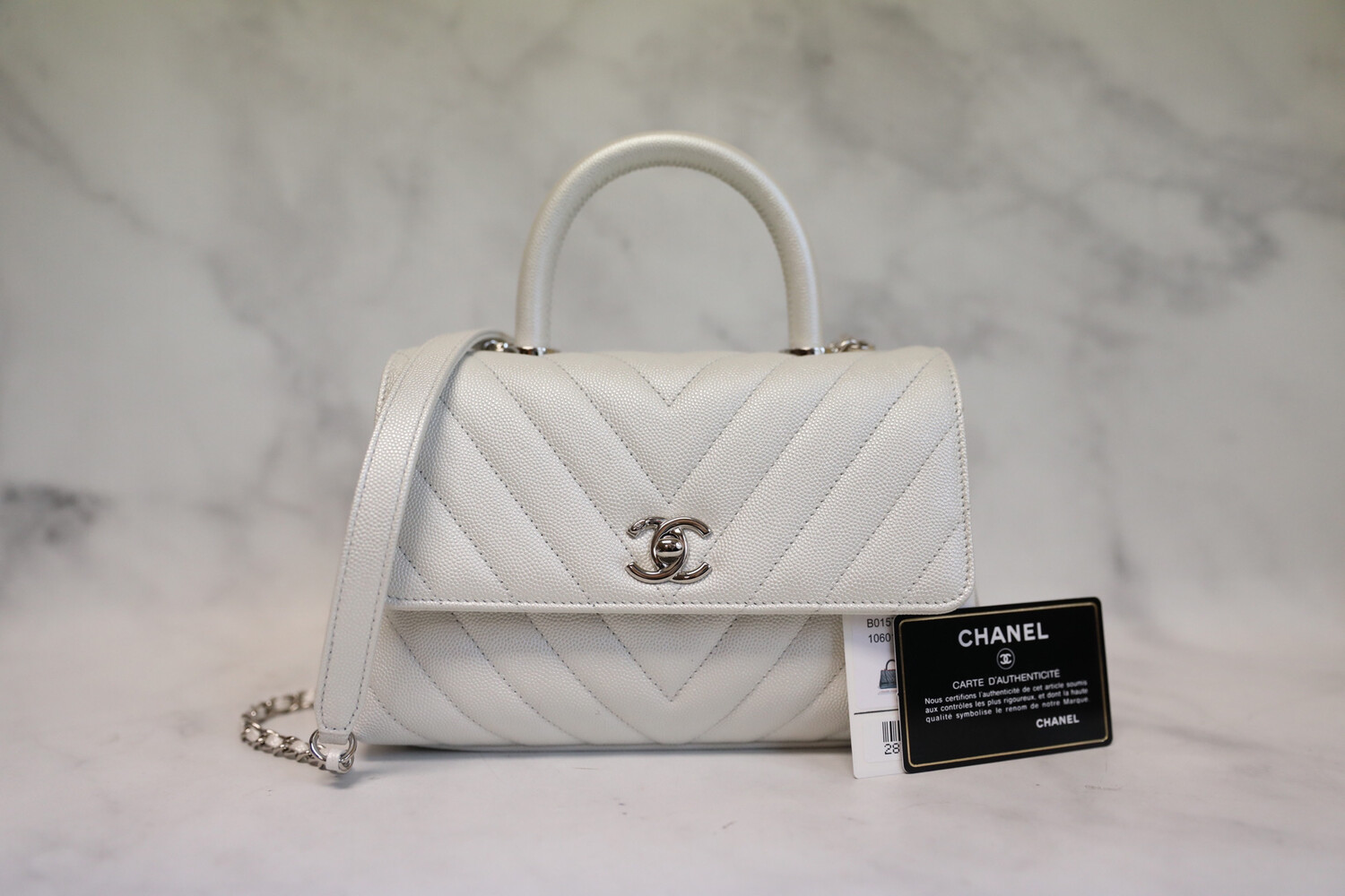 Chanel Coco Handle Mini Pearl White With Silver Hardware, New Full Set