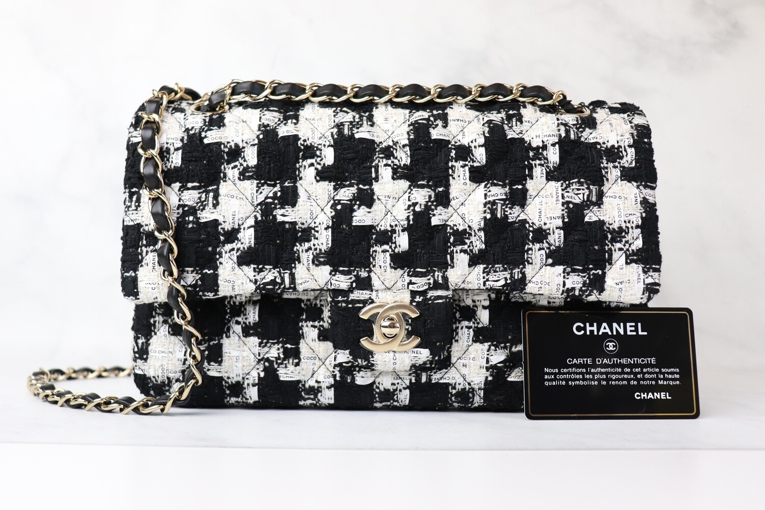 Chanel Classic Medium Black And White Tweed Ribbon With Gold Hardware, New  in Box WA001