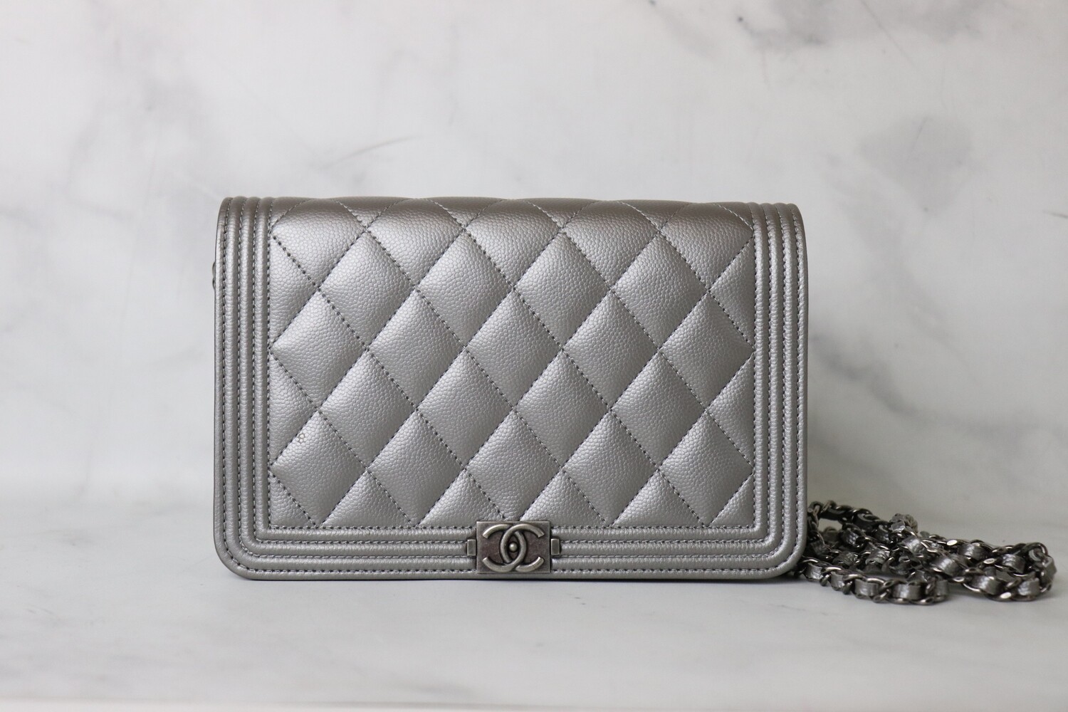 Chanel Wallet On Chain Boy Silver Caviar Leather with Ruthenium Hardware With Dustbag