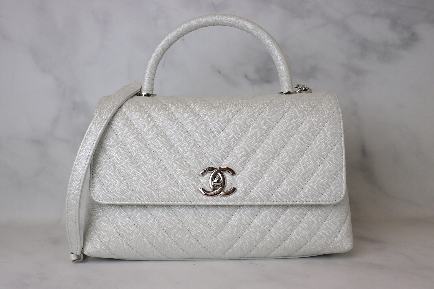Chanel Coco Handle Small Pearly White Caviar Leather Silver Hardware, New in Dustbag