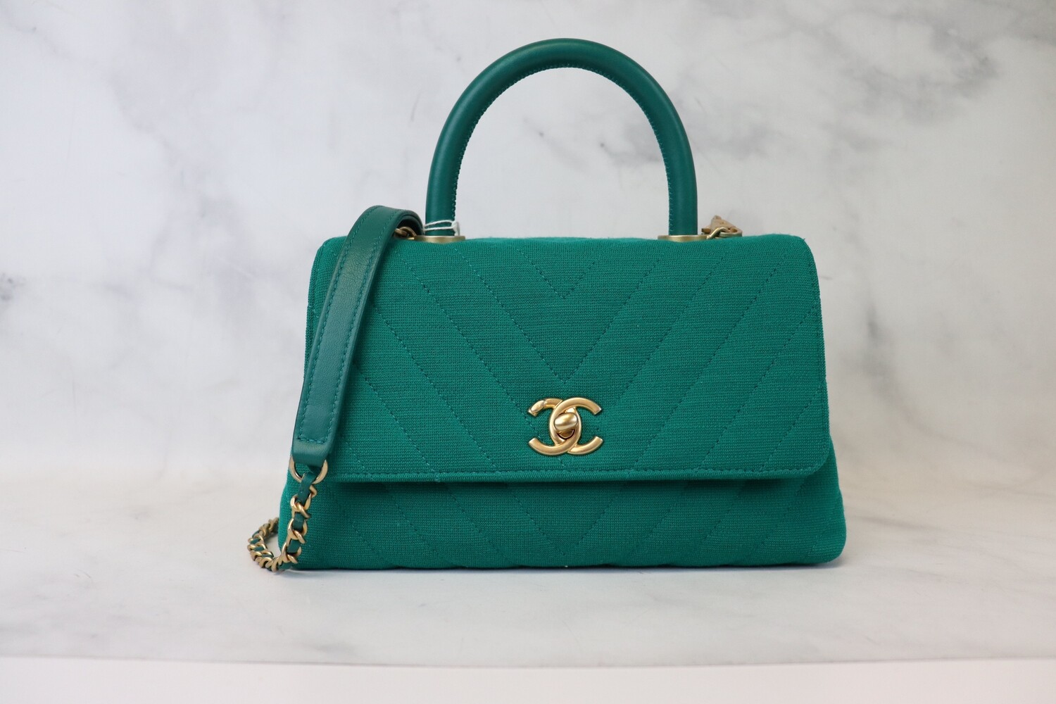 Chanel Coco Handle Mini Green Jersey With Gold Hardware In Dustbag