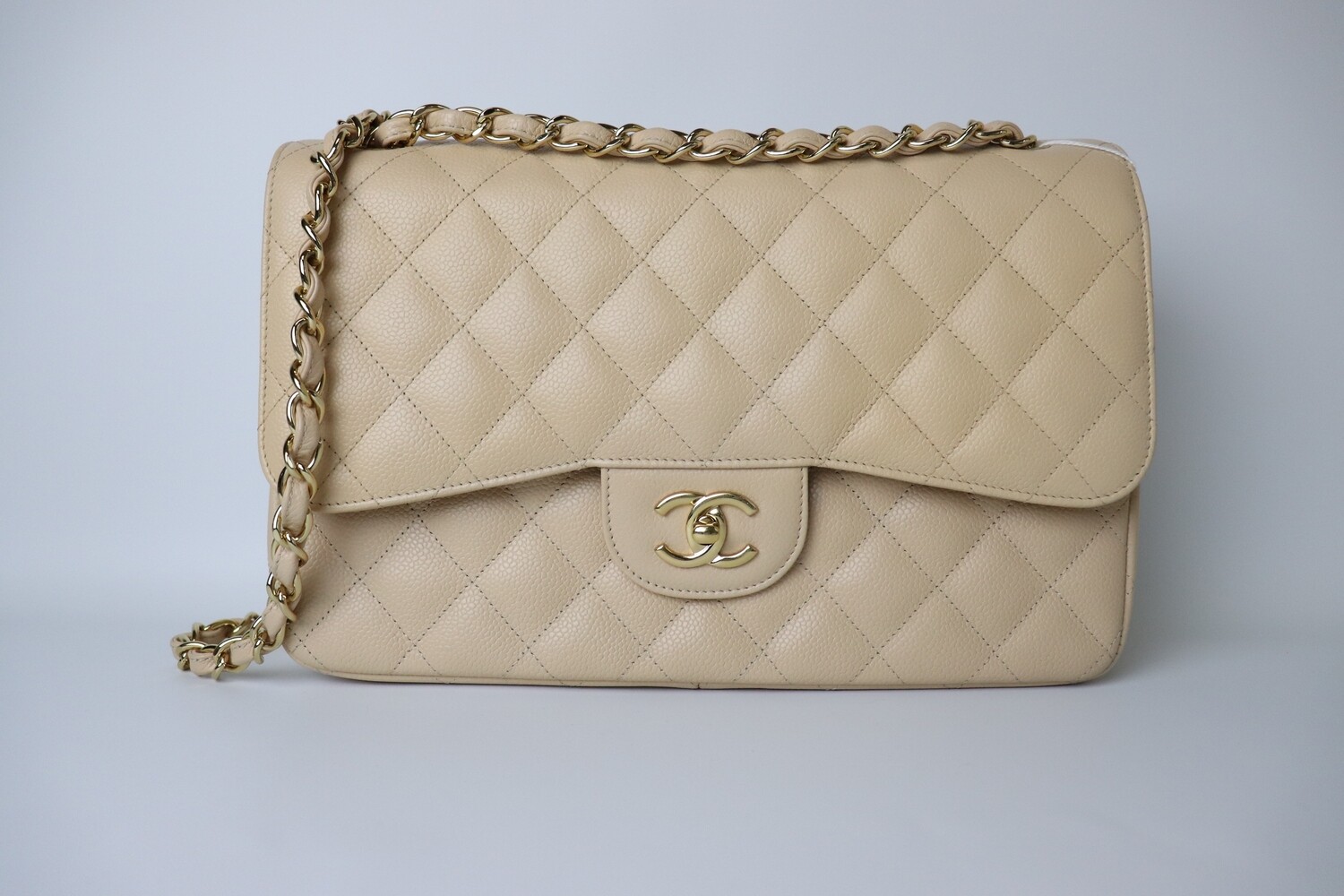 Chanel Classic Jumbo Double Flap Beige Claire Caviar Gold Hardware, Preowned, Full Set