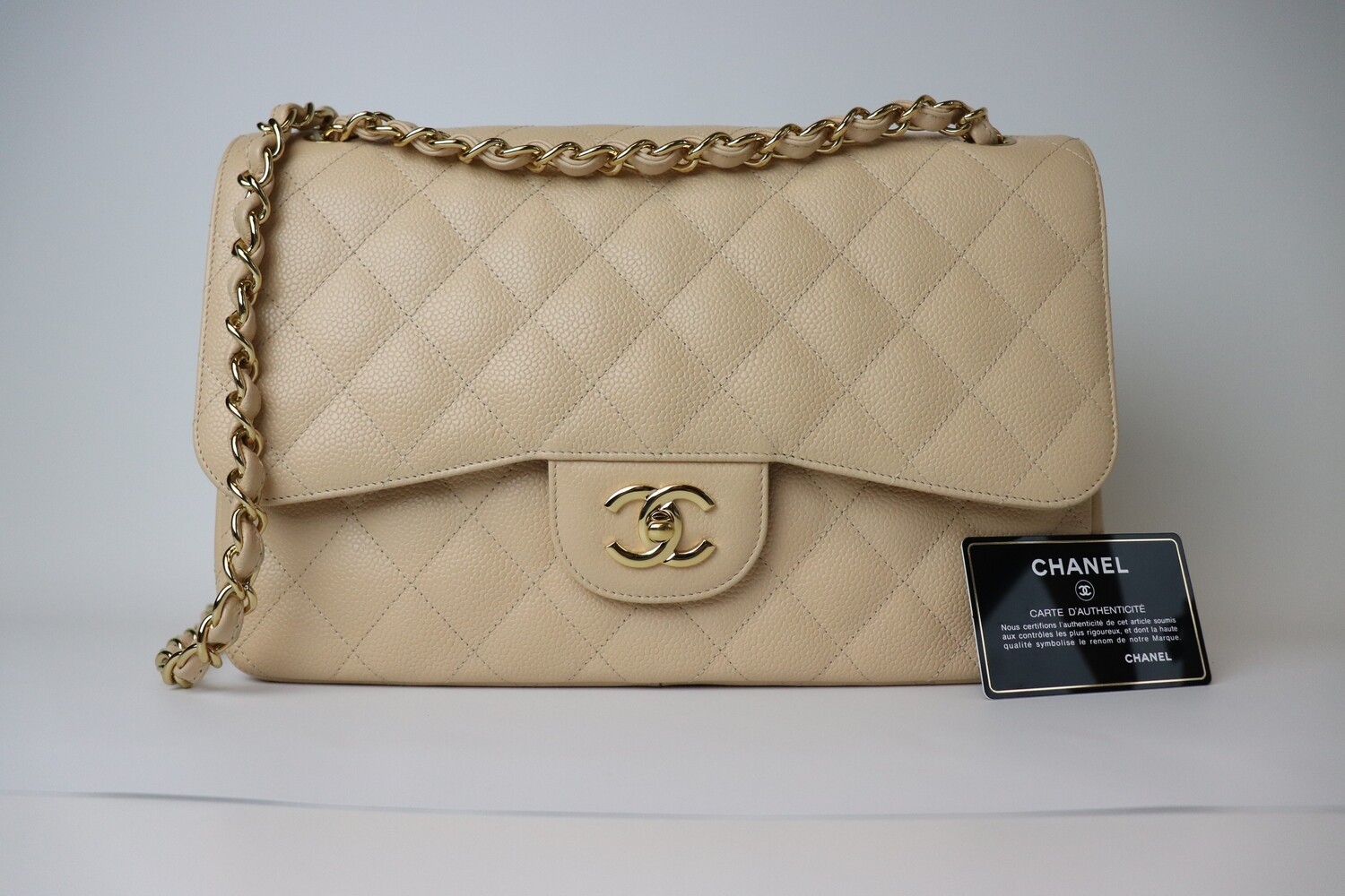 Chanel Classic Double Flap Jumbo Beige Gold Hardware, Preowned in Box