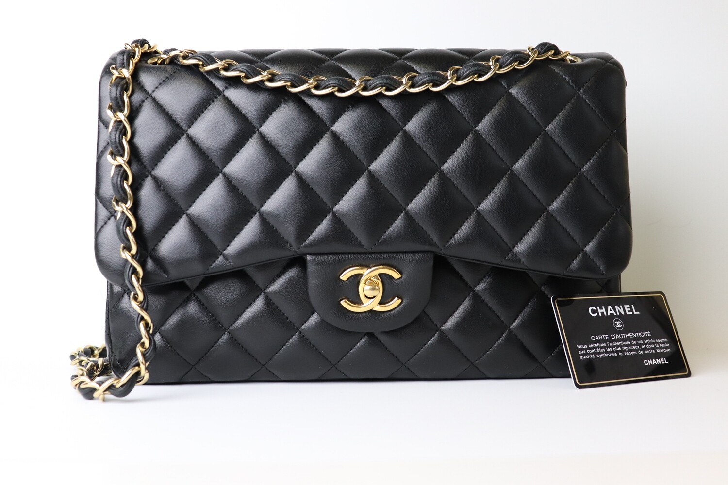 Chanel Classic Jumbo Double Flap Lambskin Black With Gold Hardware Preowned With Card -no dustbag