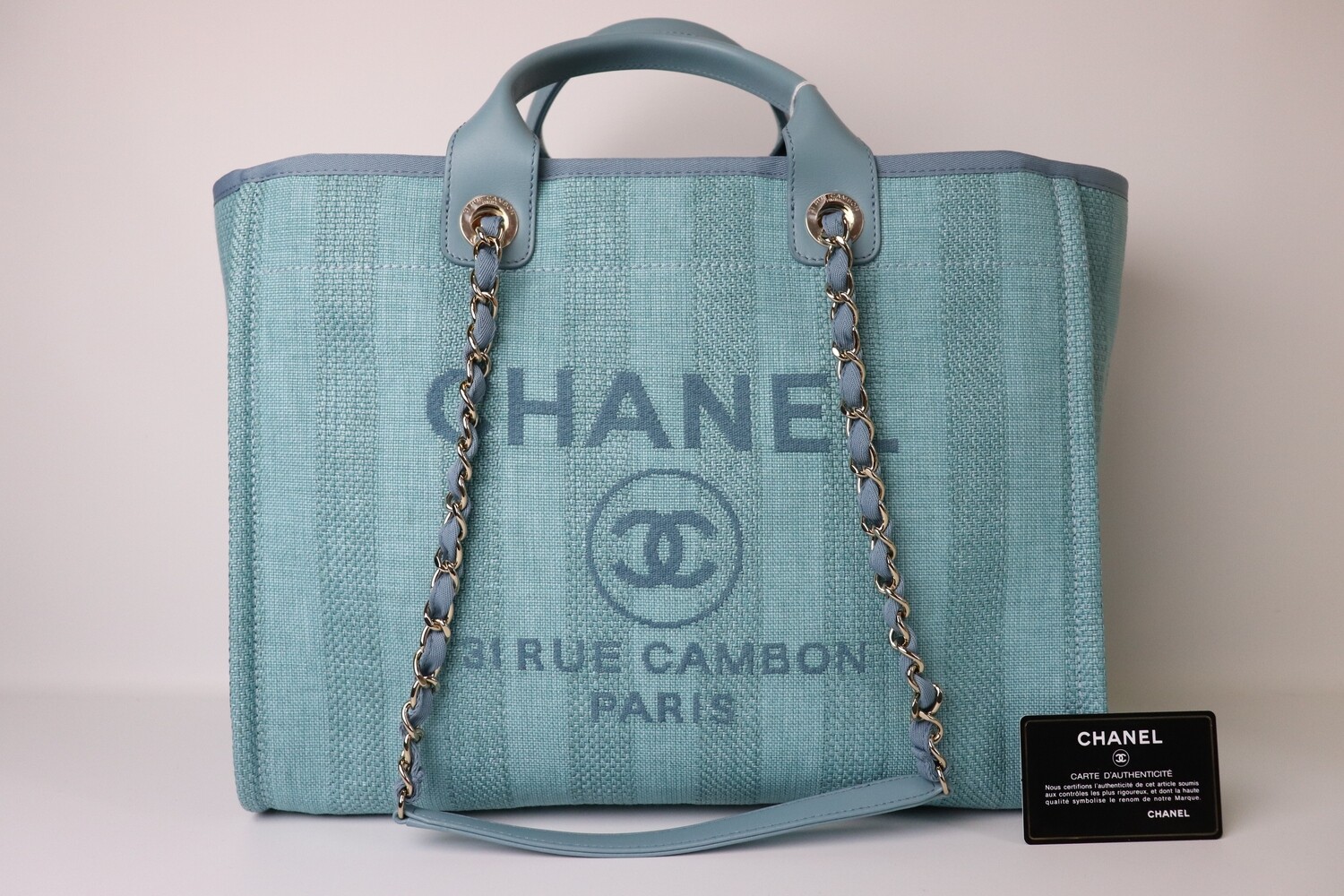 Chanel Deauville Large Aqua Stripe, New in Box