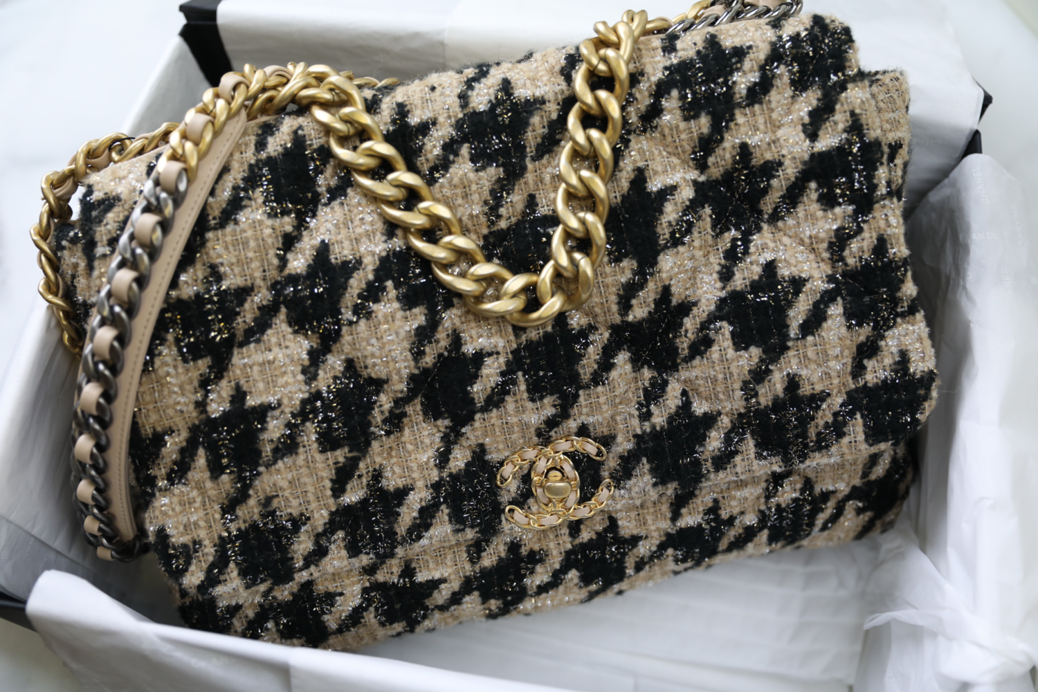 Chanel 19 Maxi Houndstooth Beige and Black, Preowned In Box.