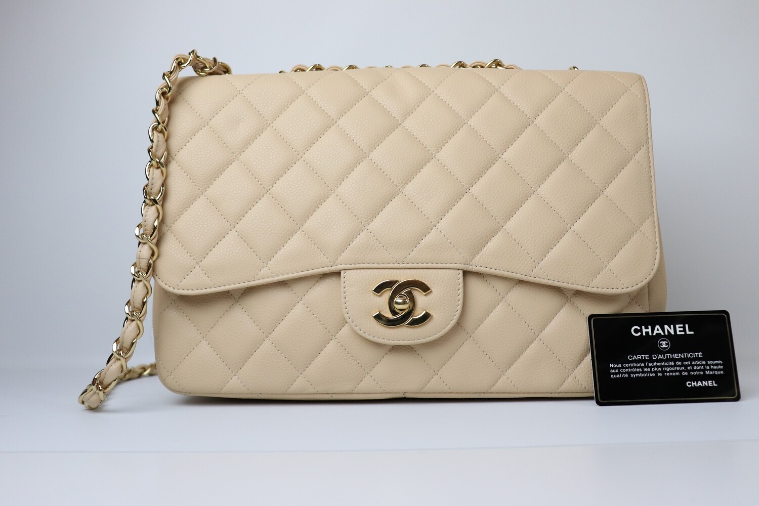 Chanel Classic Jumbo Single Flap, Beige Caviar with Gold Hardware, Full Set