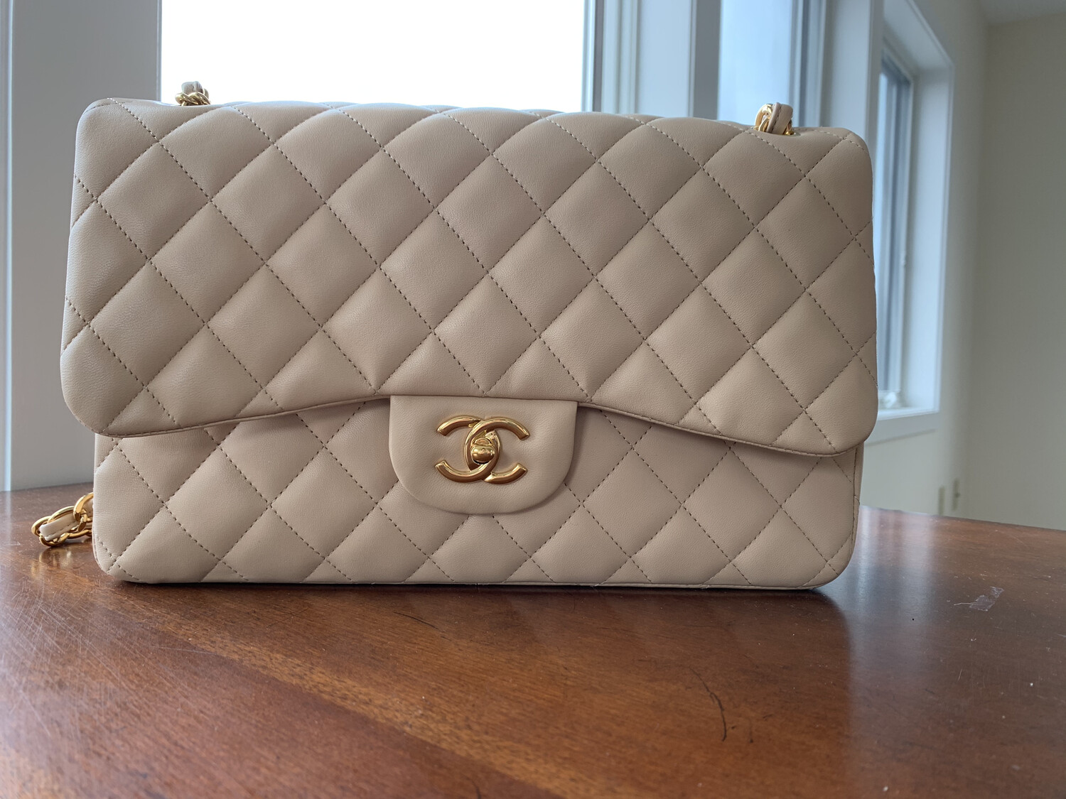 Chanel Classic Jumbo Double Flap Beige Claire Lambskin Leather, Gold Hardware, Like New, Full Set