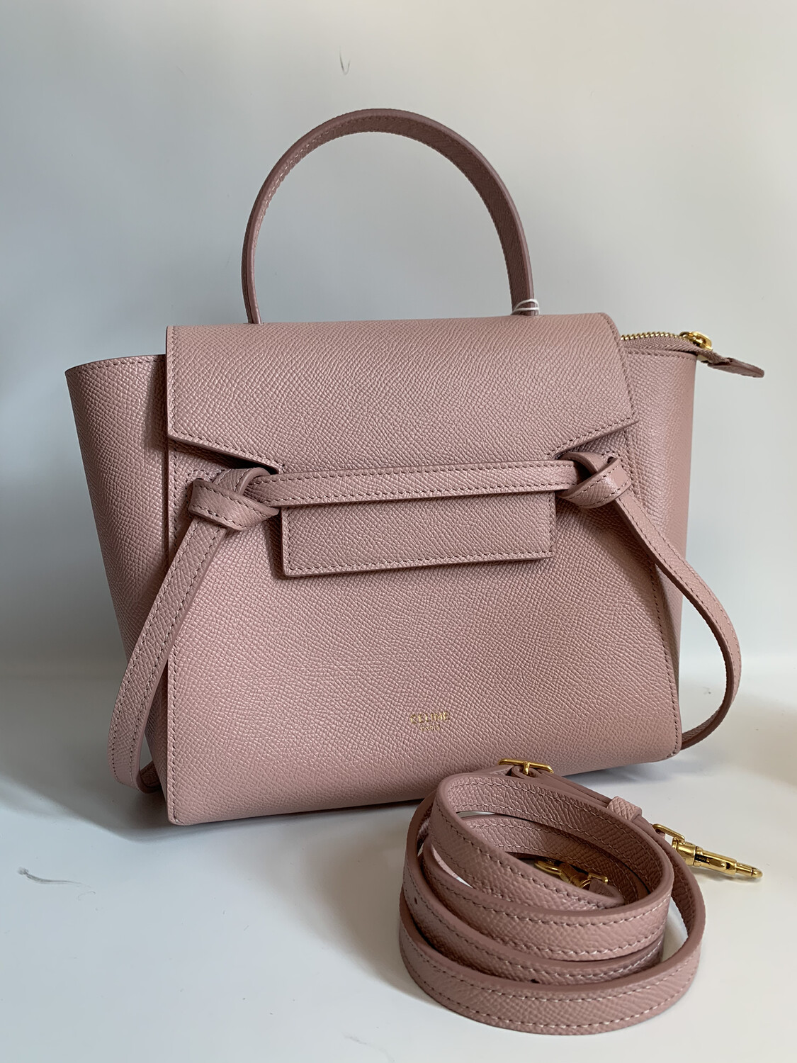 Celine Belt Bag Nano, Pink Grained Leather, Gold Hardware, New in Dustbag