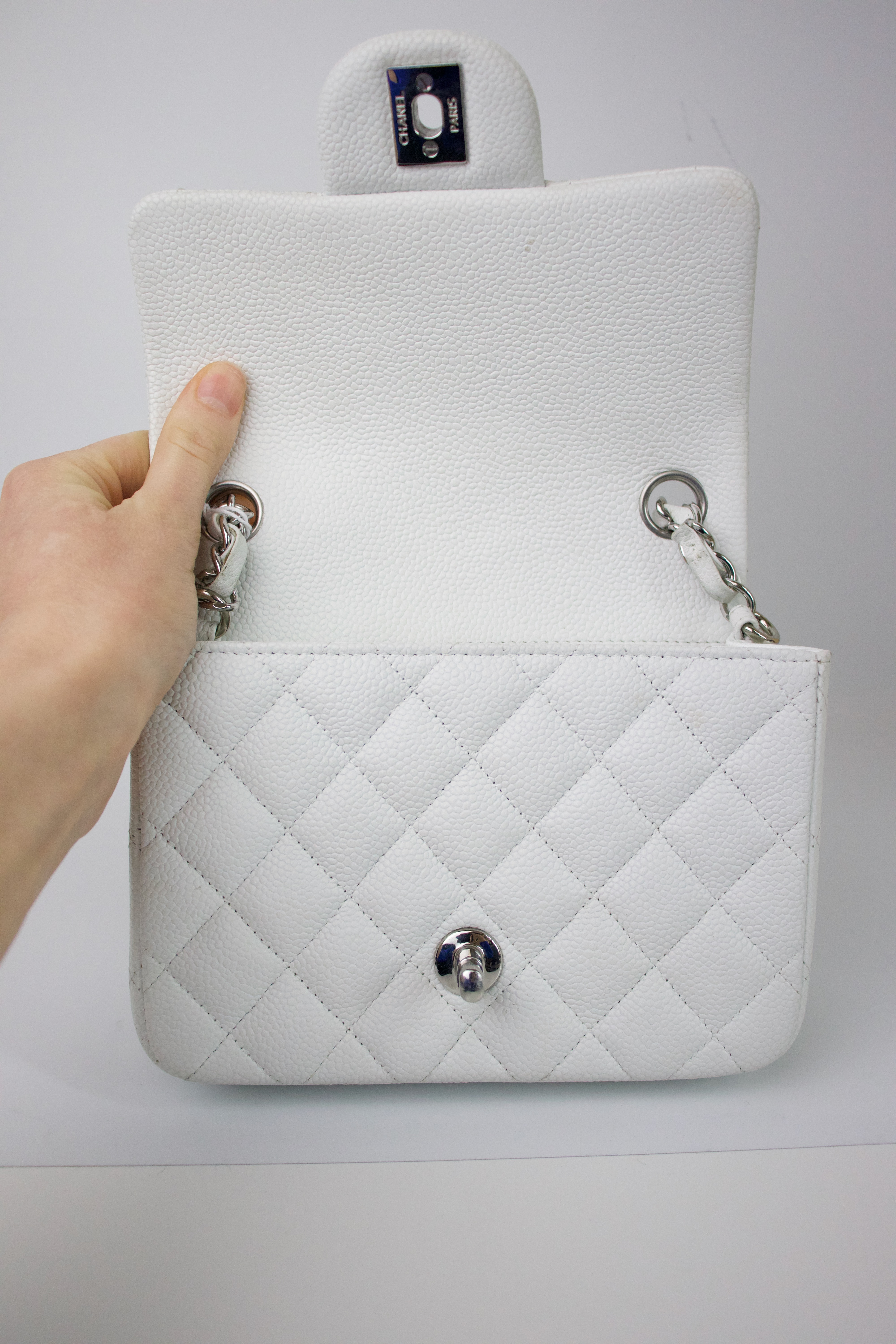 Mini flap bag, Calfskin & gold-tone metal, white — Fashion