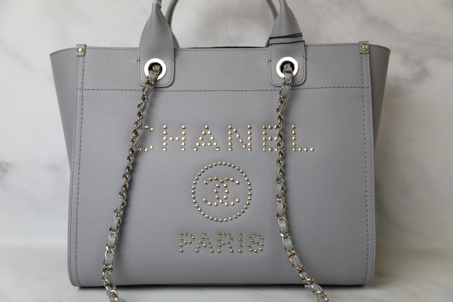 Chanel Deauville Leather Small Grey With Gold Hardware, New In Box