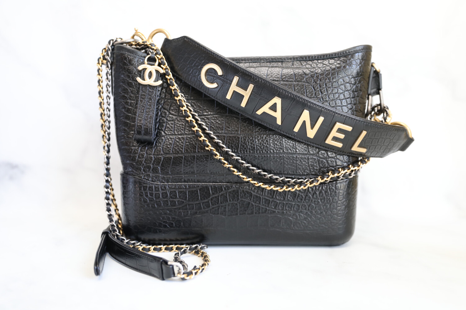 Chanel Gabrielle Large Black Croc Embossed, Like New in Box