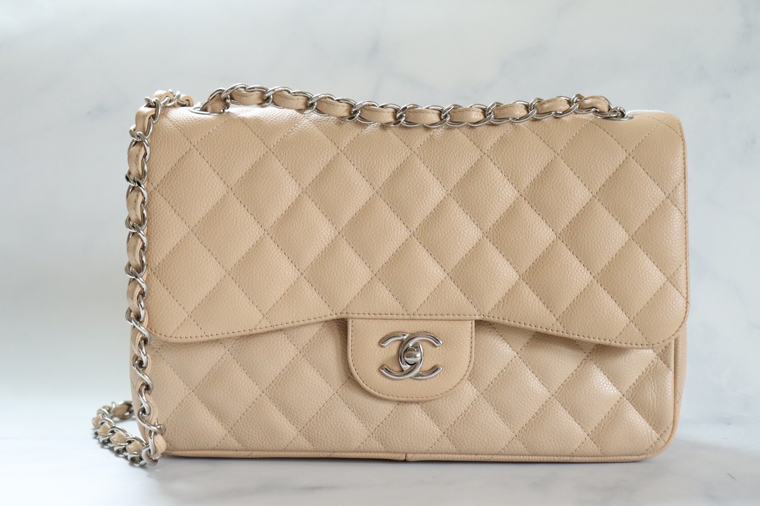 Chanel Classic Jumbo Double Flap Beige Claire Caviar Leather With Silver Hardware, Preowned - No Dustbag