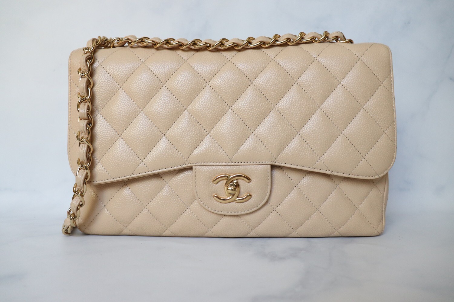 Chanel Classic Jumbo Double Flap Beige Claire Caviar Leather, Gold Hardware, Preowned -- no dustbag