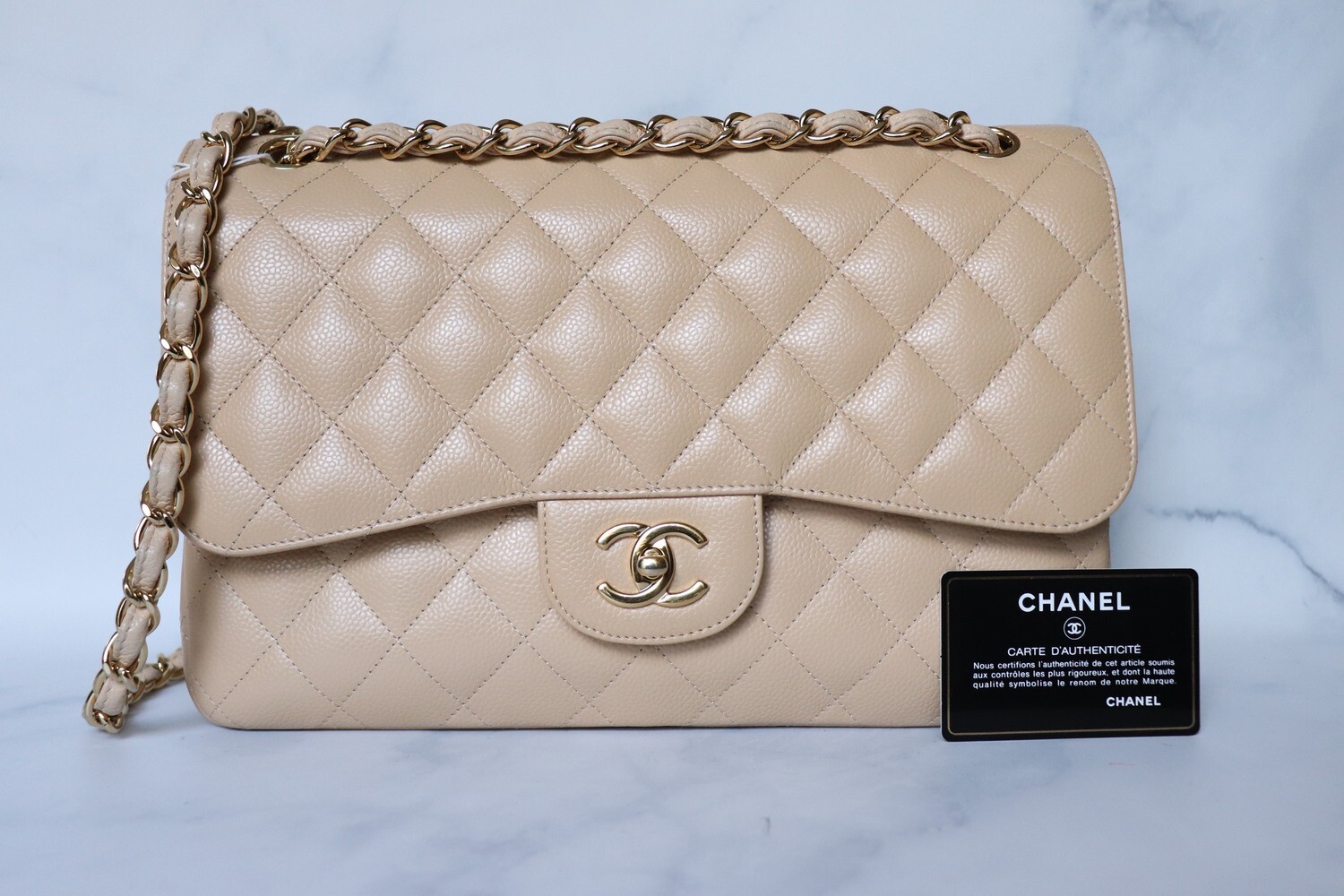 Chanel Classic Jumbo Double Flap Beige Claire Caviar Leather, Gold Hardware, Preowned, In Dustbag