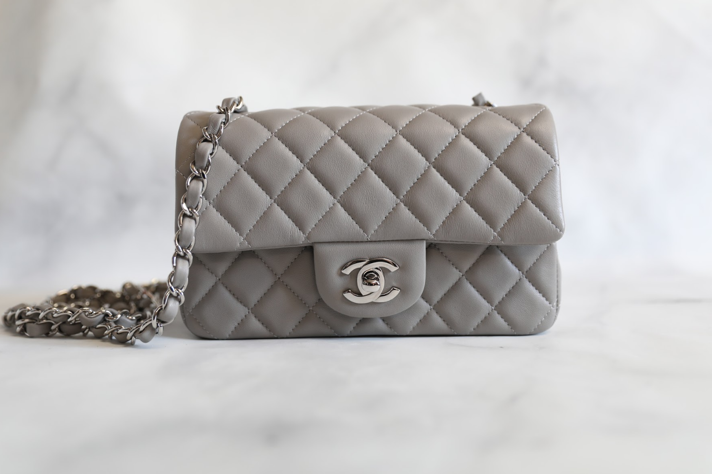 Chanel Mini Rectangle, Grey Lambskin Leather, Silver Hardware, Preowned in  Dustbag