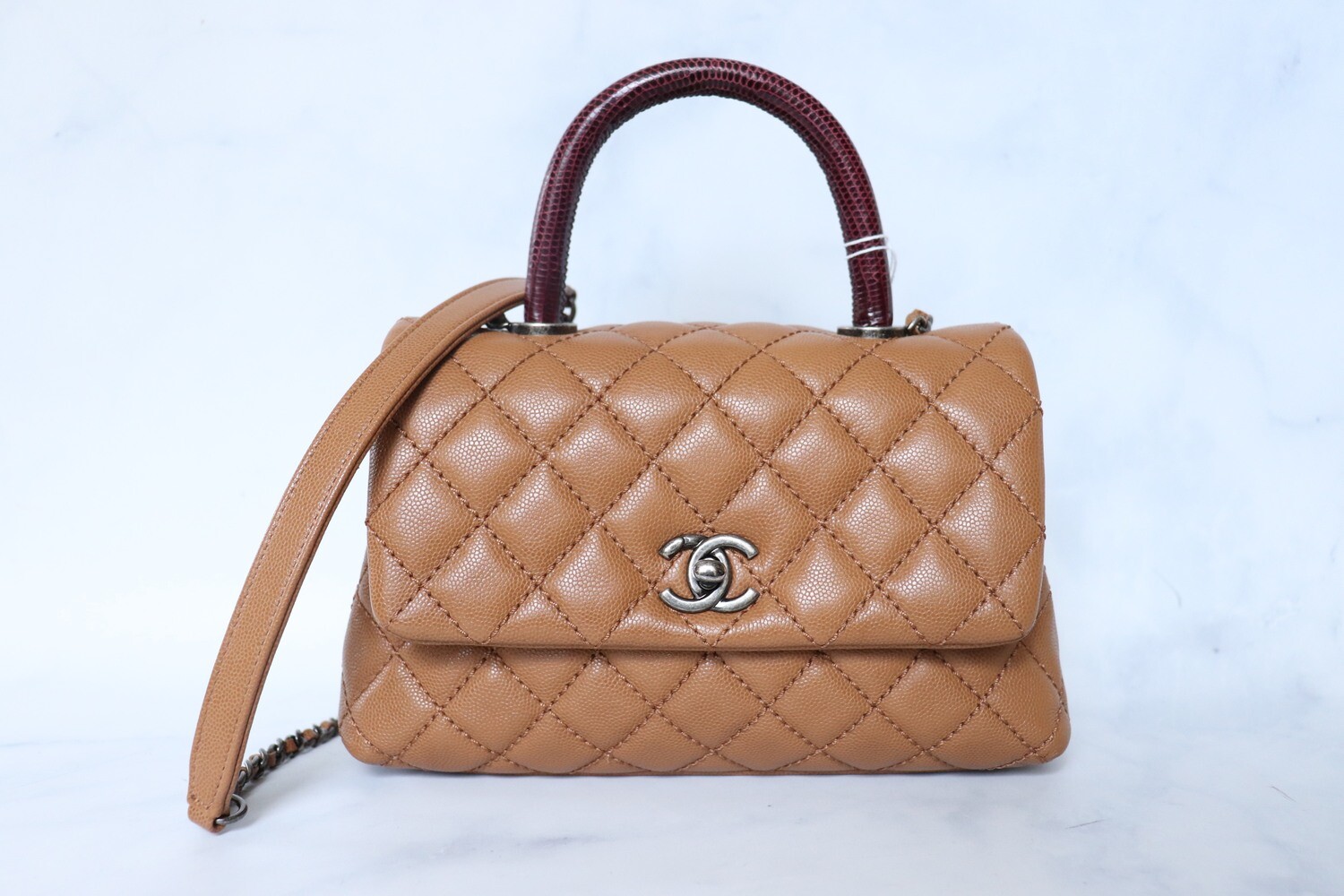 Chanel Coco Handle Mini Caramel Caviar Leather, Ruthenium Hardware with Lizard Handle, Preowned In Dustbag