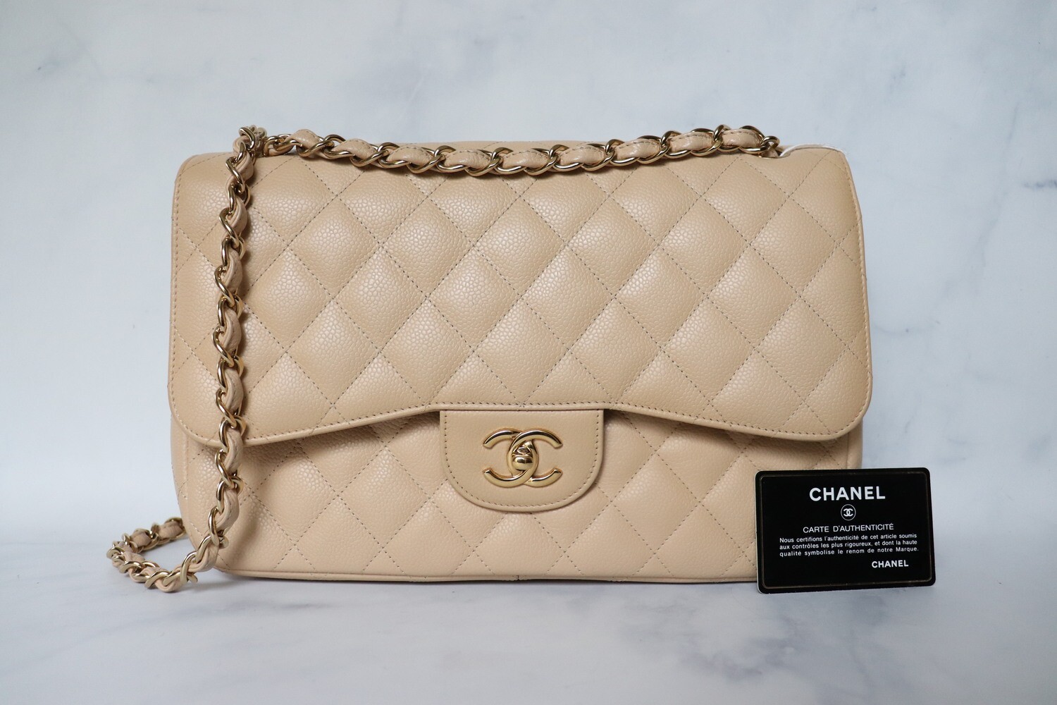 Chanel Classic Jumbo Double Flap, Beige Caviar Leather, Gold Hardware, Preowned in Dustbag