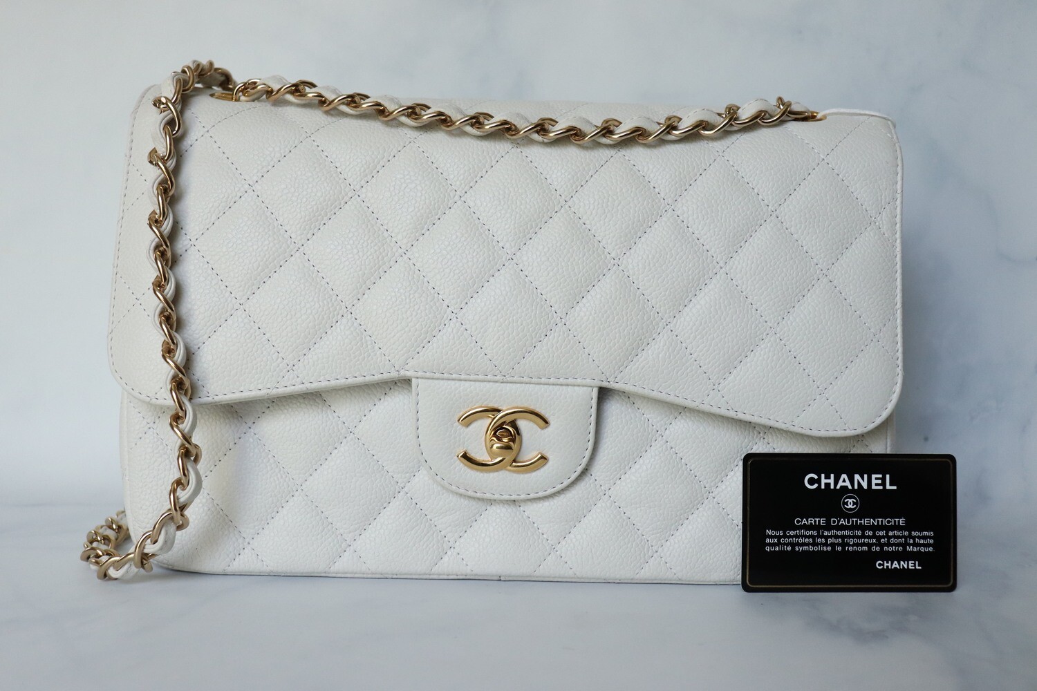 Chanel Classic Jumbo Double Flap White Caviar Leather, Gold Hardware, Preowned, in Dustbag