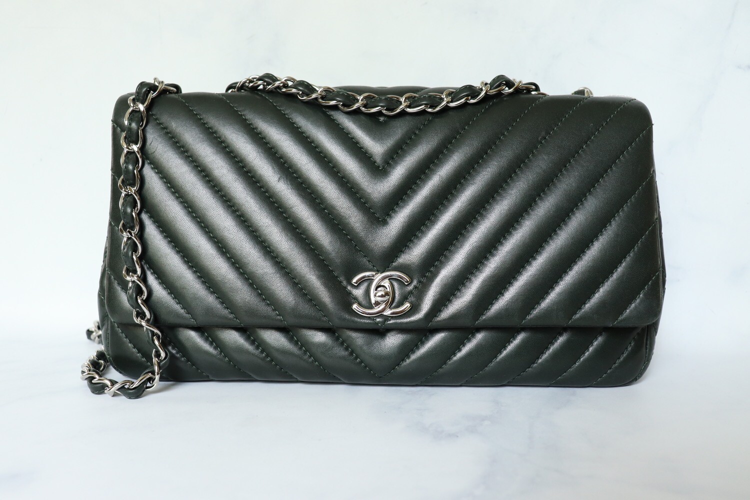 Chanel Surpique Flap Forest Green Supple Chevron with Silver Hardware,  Preowned in Dustbag