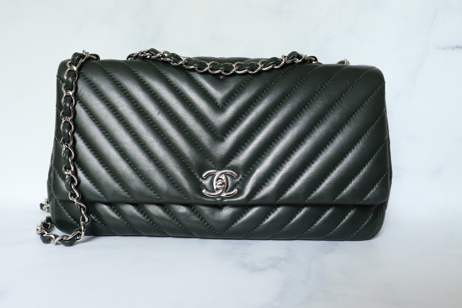 Chanel Surpique Flap Forest Green Supple Chevron with Silver Hardware Preowned in Dustbag Julia Rose Boston Shop