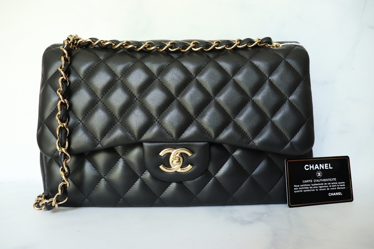 Chanel Classic Jumbo Double Flap Black Lambskin Leather, Gold Hardware, Preowned in Dustbag