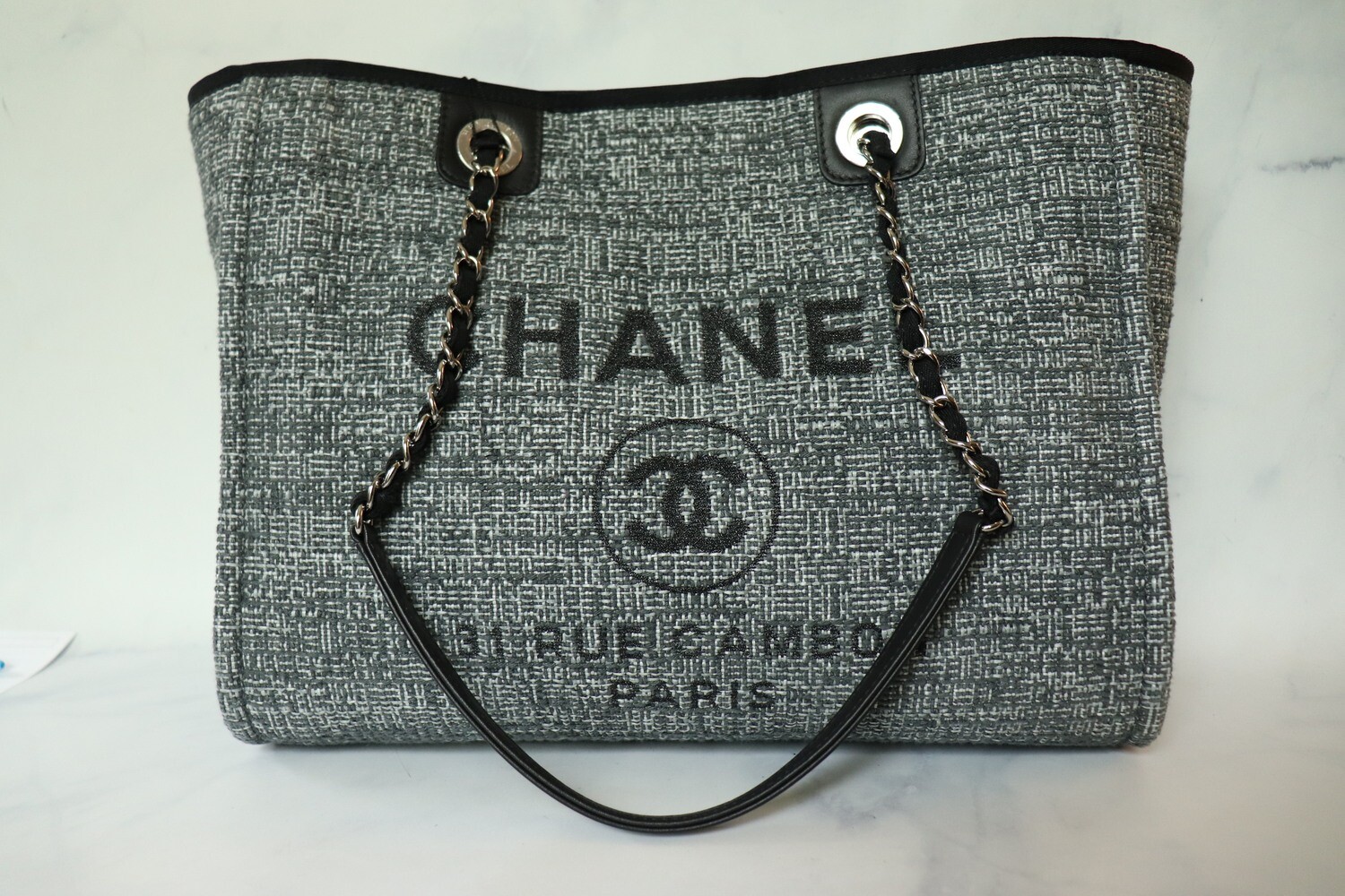 Chanel Deauville Medium Black And Grey Tweed, Preowned -no Dustbag