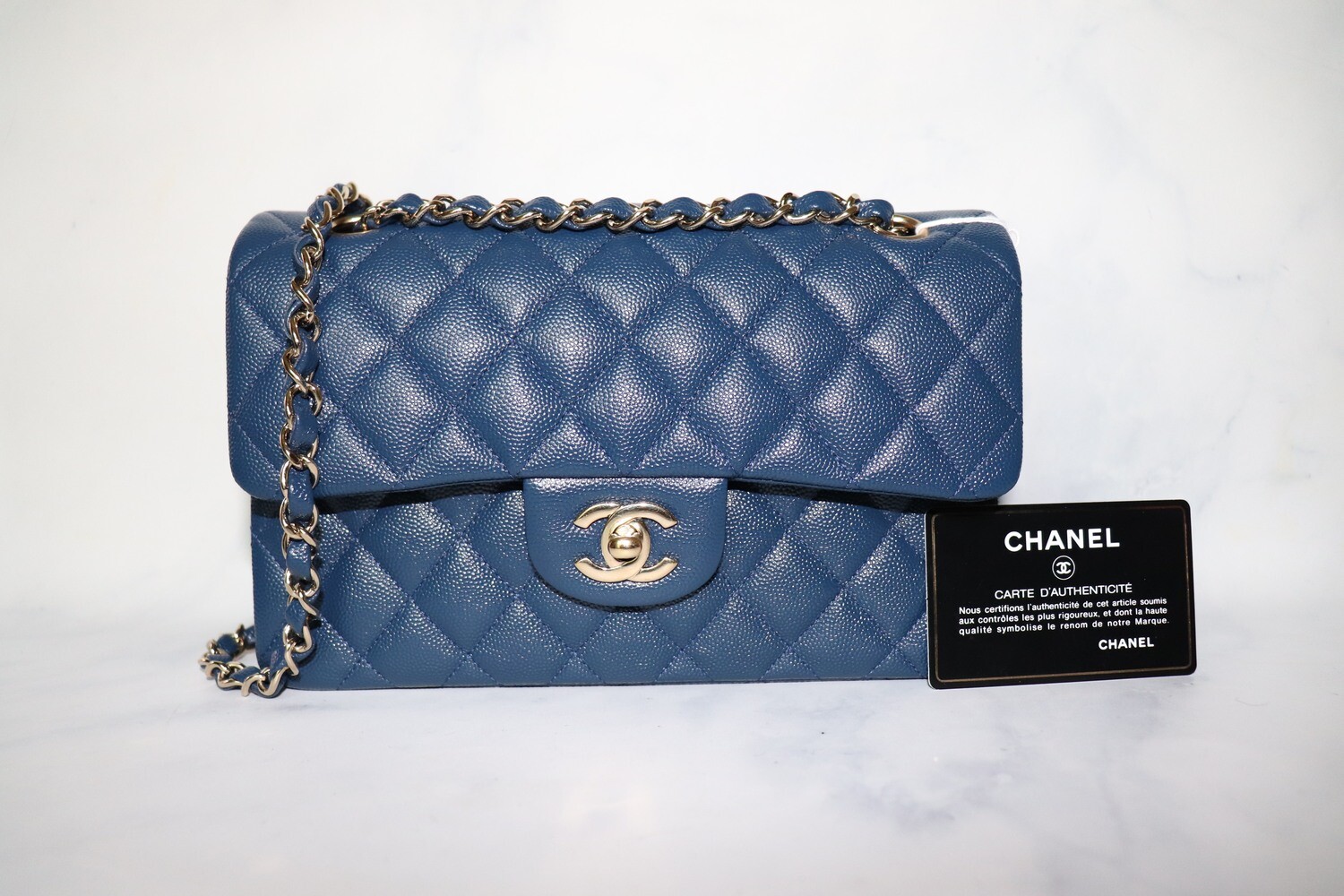 Chanel Classic Small Double Flap Blue Caviar Leather, light gold hardware, Preowned in Box