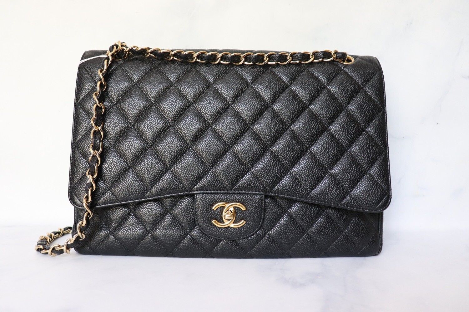 Chanel Classic Maxi Single Flap Black Caviar Leather, Gold Hardware, Preowned in Dustbag