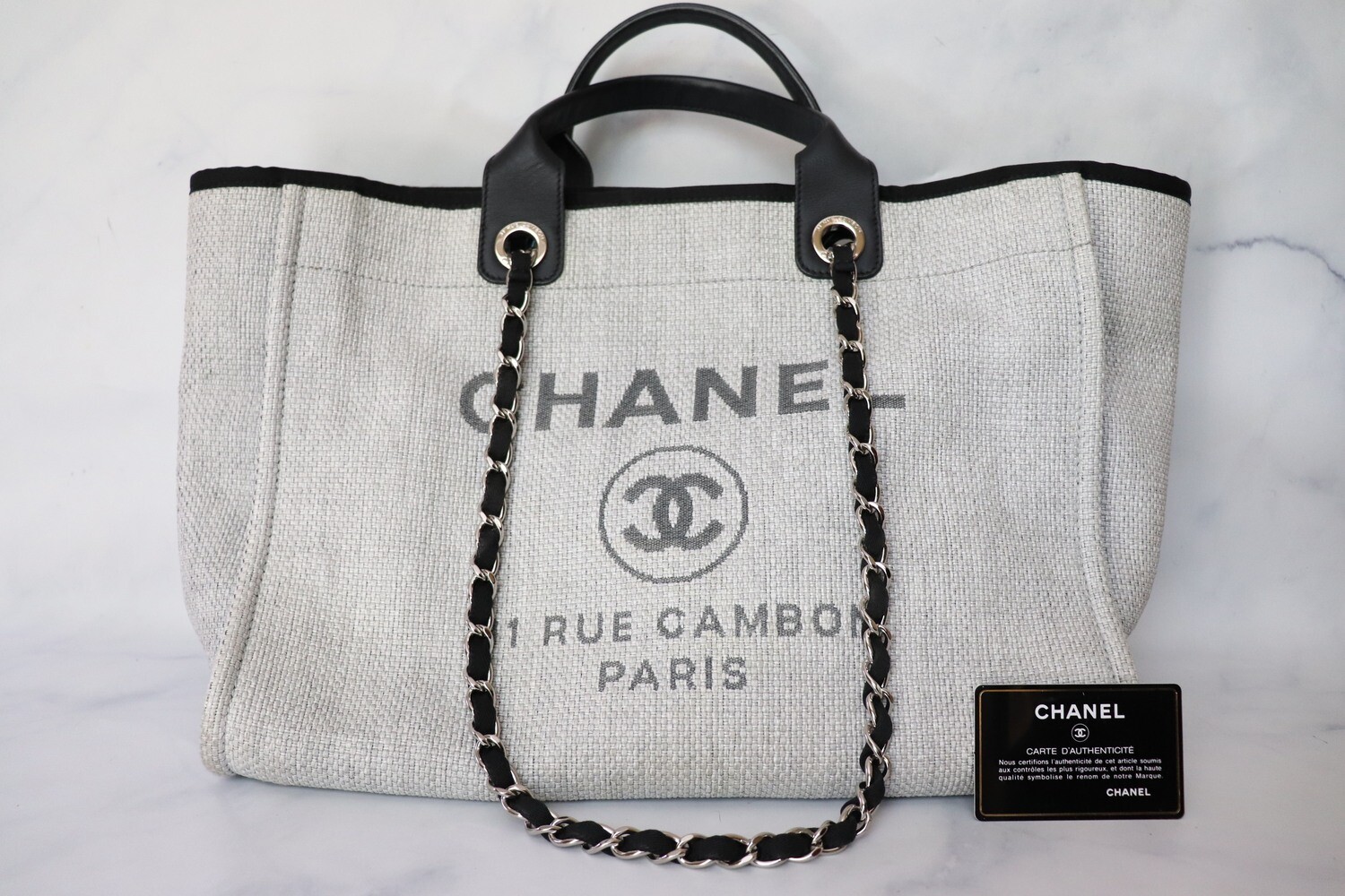 Chanel Deauville Large, Grey Leather with Silver Hardware, Preowned in Dustbag