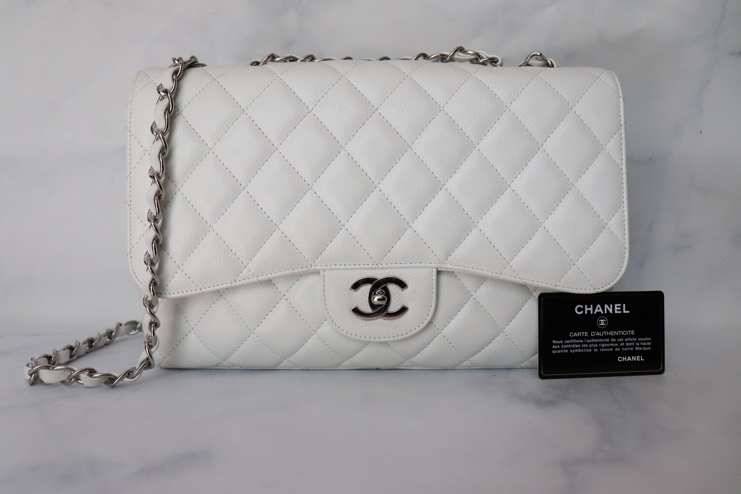 Chanel Classic Jumbo Single Flap, White Caviar Leather, Silver Hardware, Preowned In Dustbag