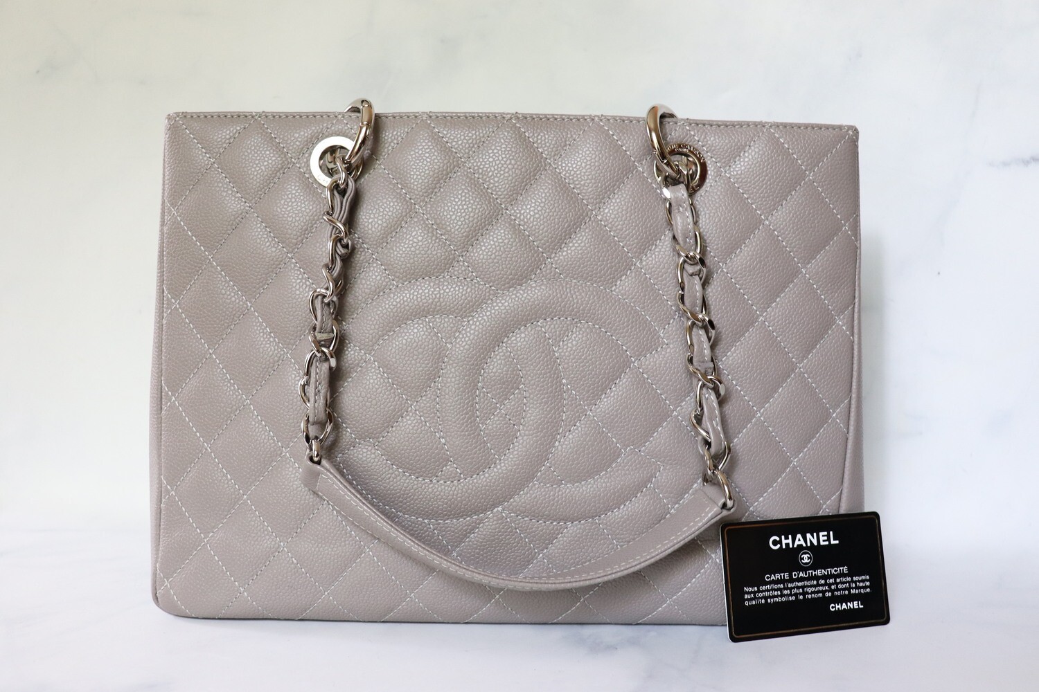 Chanel GST tote Grey with Silver Hardware, Preowned in Box