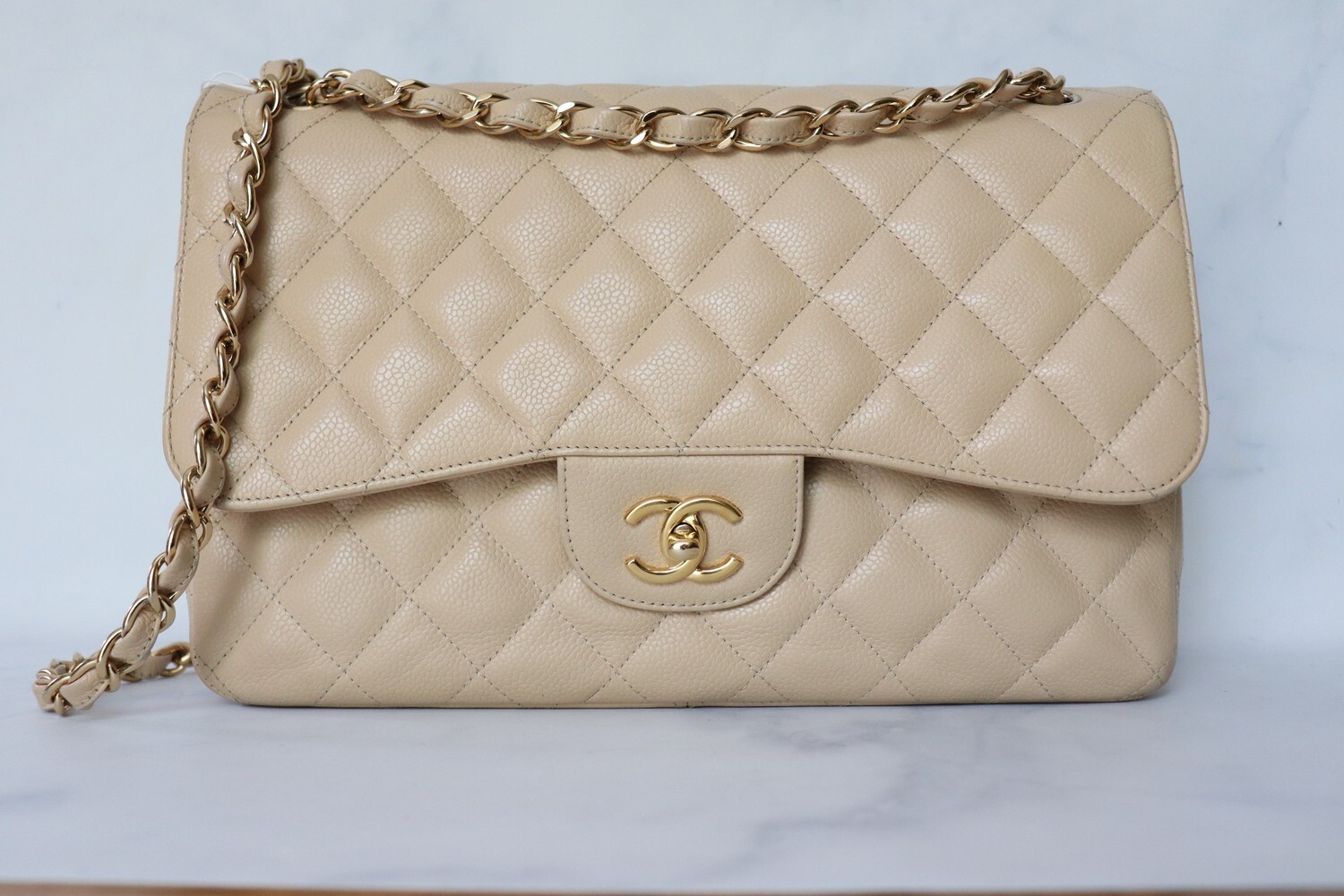 Chanel Classic Jumbo Double Flap Beige Claire Caviar Leather, Gold Hardware, Preowned in Dustbag
