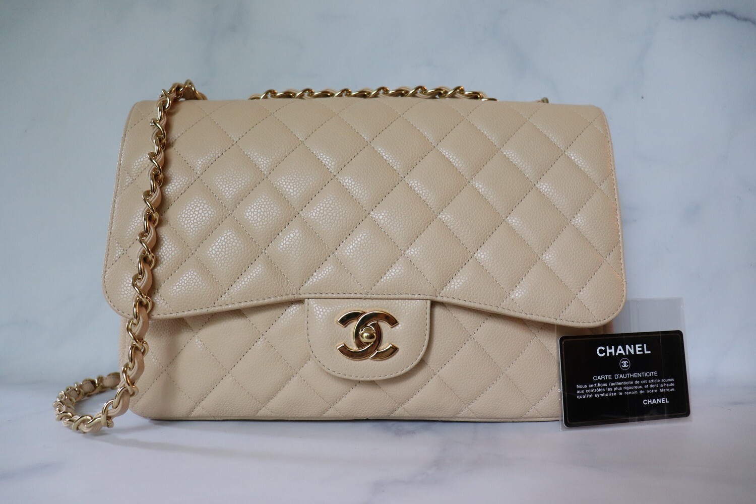 Chanel Classic Jumbo Single Flap Beige Claire Caviar Leather, Gold Hardware, Preowned in Box