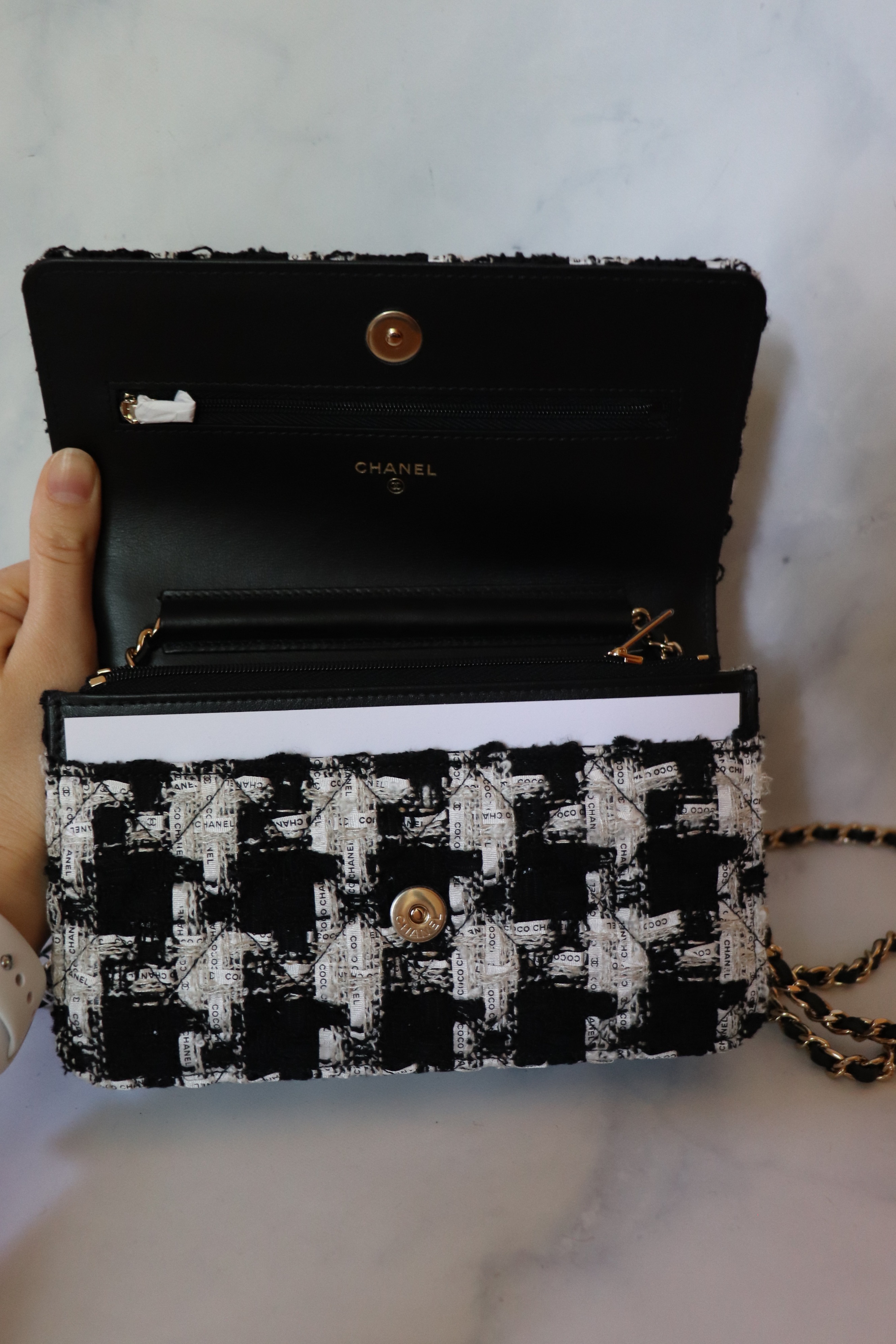 Chanel Wallet on Chain Black and White Tweed Ribbon, Preowned in Box WA001