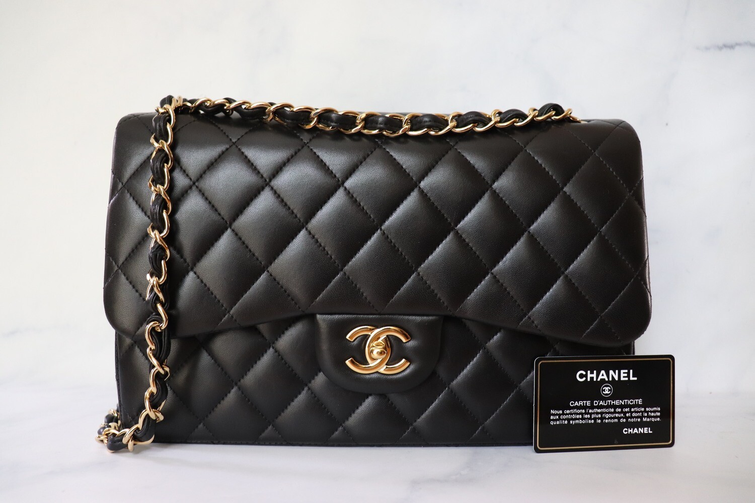 Chanel Classic Jumbo Double Flap Black Lambskin Leather, Gold Hardware, Preowned in Box